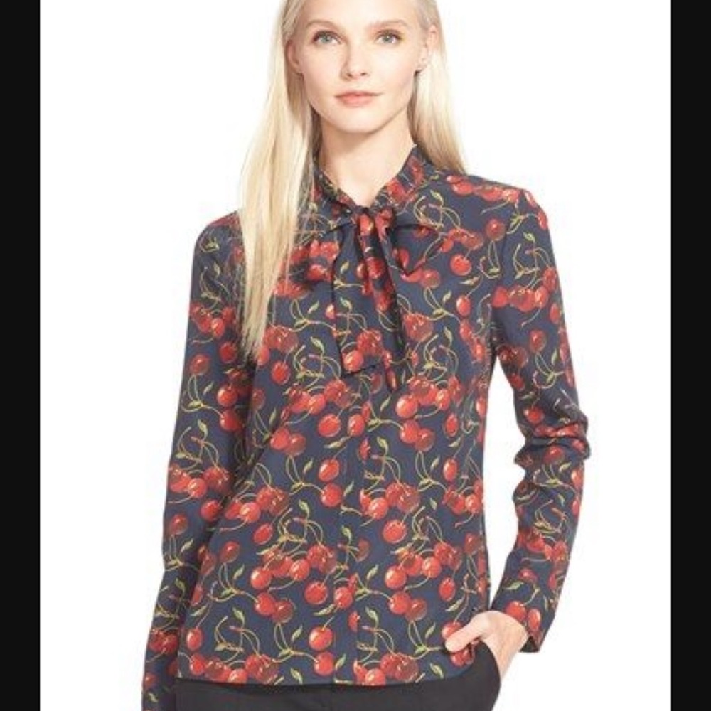 Ted Baker London Cherry Print tie neck button down blouse